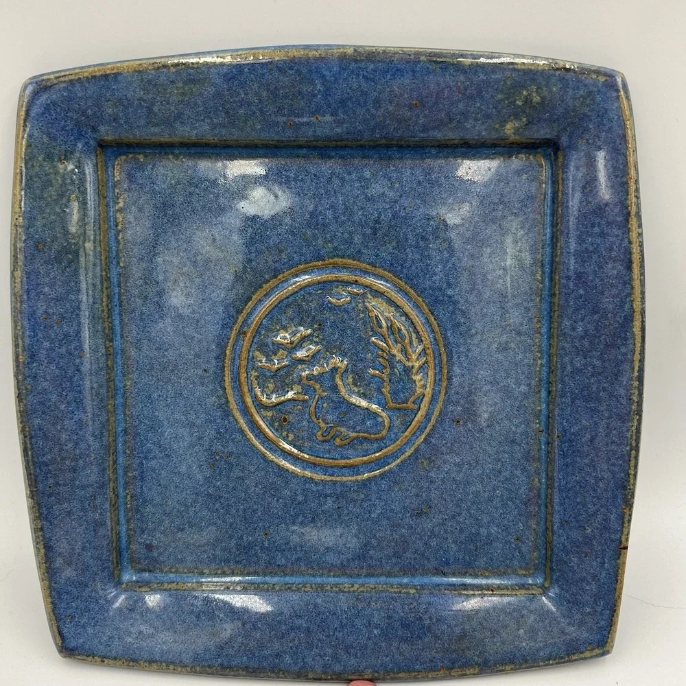Studio Pottery Plate Signed Ceramic Fox & Birds Blue‎ Glaze 8.5